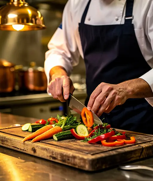 chef en train de couper des légumes frais sur planche en bois dans cuisine de luxe française