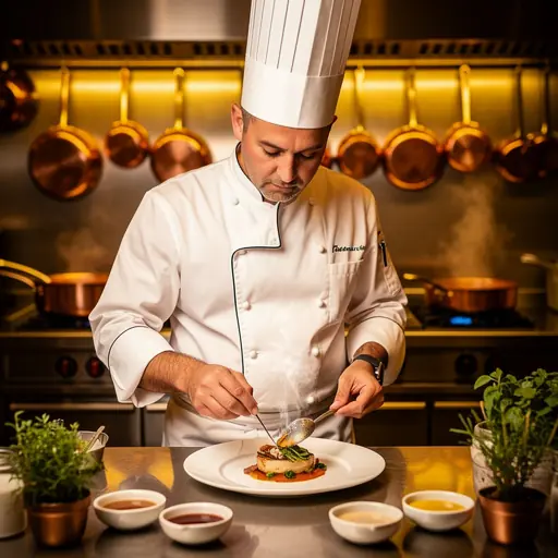 chef français préparant un plat gastronomique dans une cuisine d'hôtel de luxe