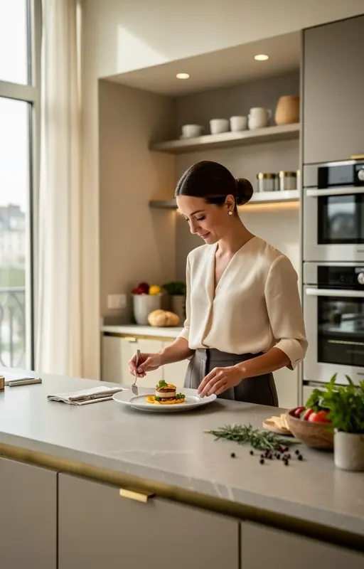 femme élégante préparant un plat raffiné dans une cuisine d'hôtel de luxe moderne