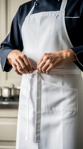 personnel hôtelier professionnel ajustant un tablier blanc dans une cuisine de luxe française