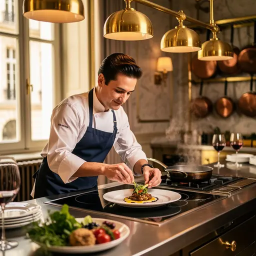 chef français guidant un invité lors d'un atelier de cuisine gastronomique dans un hôtel de luxe