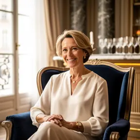 femme élégante d'âge moyen souriante dans un salon d'hôtel de luxe français