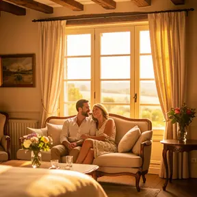 couple élégant souriant dans un hôtel de campagne français cinq étoiles au coucher du soleil