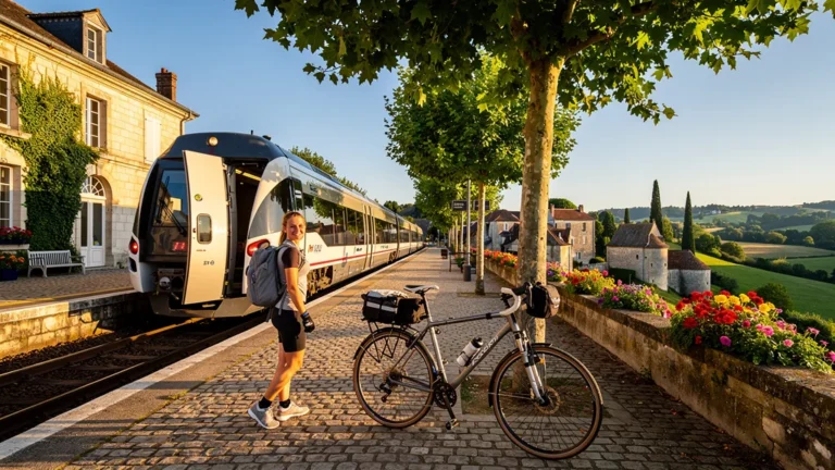 Arrivée en train à Vendôme avec vélo prêt pour trajet vers Lavardin en juin, ambiance estivale et lumineuse