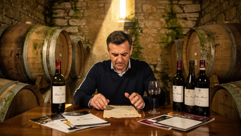 Homme hésitant devant une carte des vins mal lue chez un vigneron de Mesland, bouteille à 72 € en question