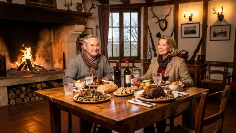Intérieur chaleureux d'un relais de chasse solognot en novembre avec table rustique et cheminée