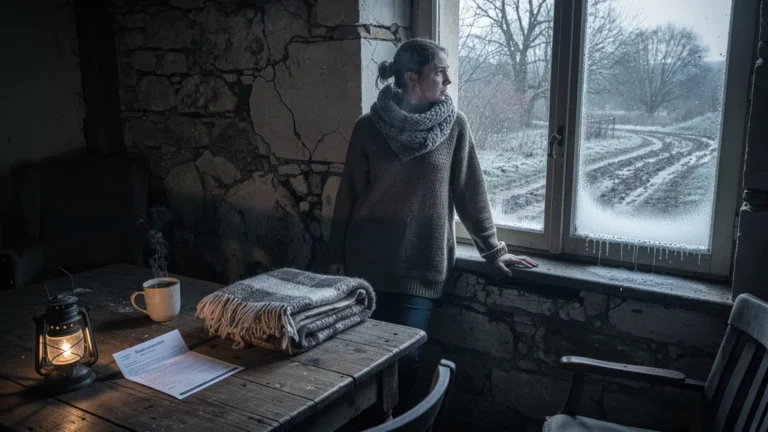 Intérieur d’un gîte vendômois froid sans chauffage en mars avec voyageuse emmitouflée près de la fenêtre