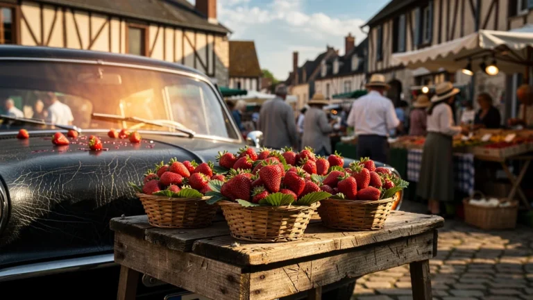 Fraîches fraises de Sologne au marché de Romorantin avec fraises oubliées sur tableau de bord chauffé