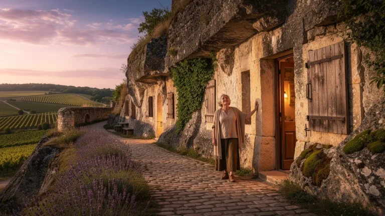 Village troglodytique du Loir Vendômois dans la lumière dorée du crépuscule, paysage authentique et détaillé