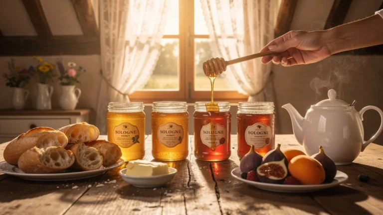 Petit-déjeuner au gîte avec quatre miels de Sologne aux teintes variées, ambiance chaleureuse et lumière naturelle