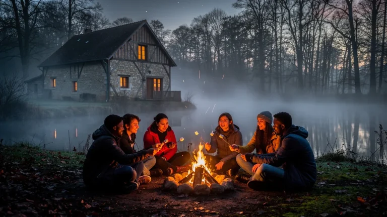 Soirée autour d'un feu au gîte de Bracieux avec brouillard mystérieux sur l'étang au crépuscule
