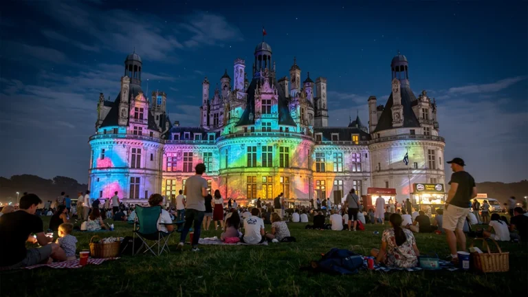 Spectacle nocturne projeté sur la façade de Chambord en juillet, ambiance estivale et émerveillement