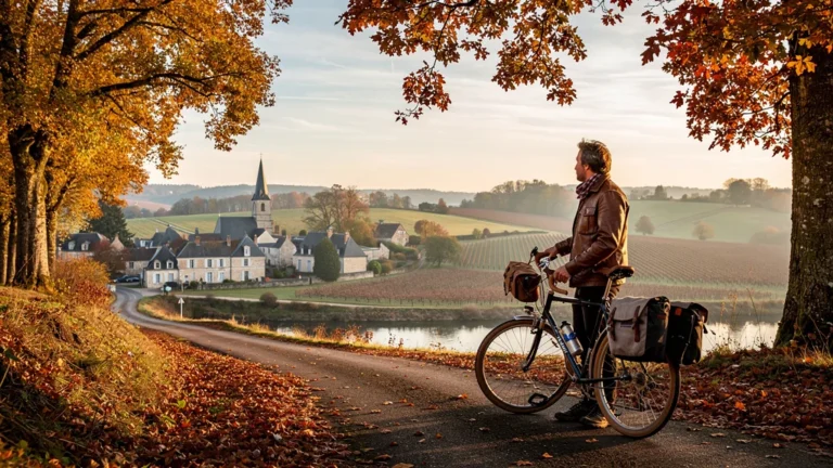 Paysage automnal du circuit Beauval-Saint-Aignan-Selles-sur-Cher en octobre avec un cycliste en pause
