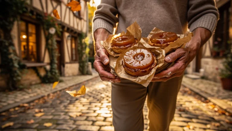 Trois tartes Tatin vendômoises sur les bras d'une personne marchant dans les rues pavées de Vendôme