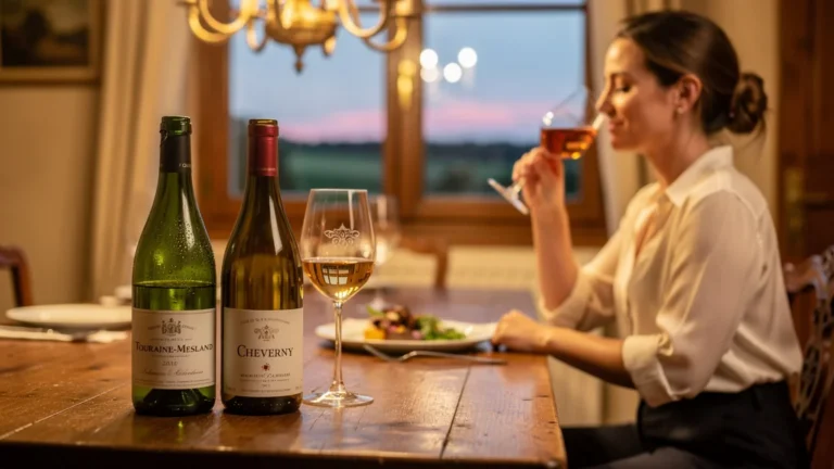 Comparatif photo réaliste vins Touraine-Mesland et Cheverny en dégustation apéritif et plat