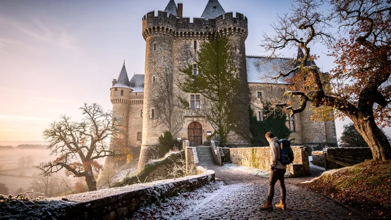 Visite déçue du château de Lavardin avec donjon fermé en hiver, ambiance automnale réaliste