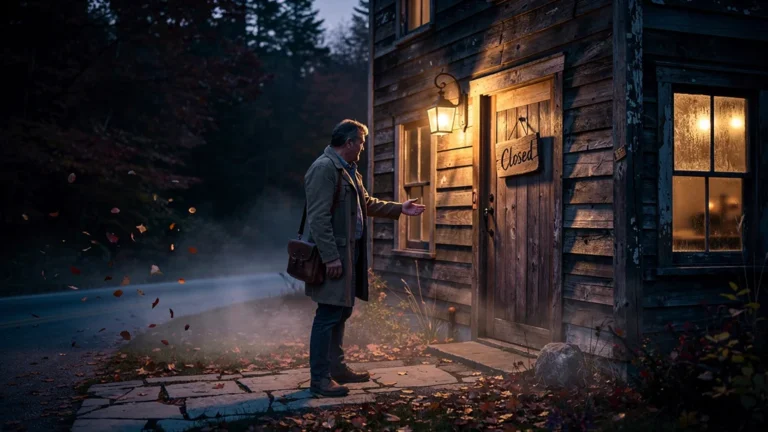 Homme déçu devant la porte fermée d'un relais rural, perdant un menu gibier à 95 € en semaine