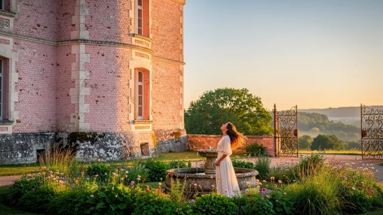 Château du Moulin à Lassay-sur-Croisne aux briques roses illuminées par la lumière dorée du soir