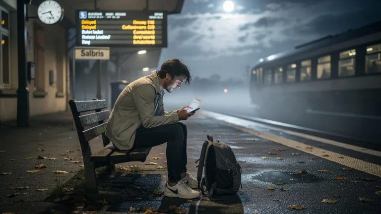 Voyageur frustré à la gare de Salbris tard la nuit après avoir raté sa correspondance train de nuit