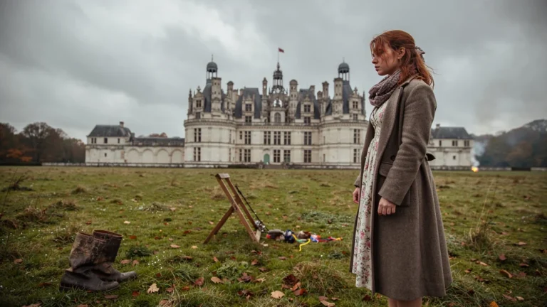 Jeune femme au château de Chambord arrivant trop tard à la fête de la chasse, ambiance automnale mélancolique