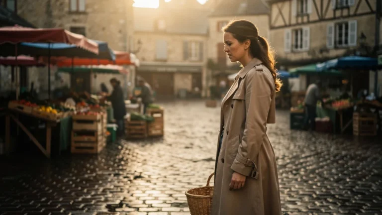 Femme les mains vides au marché de Montoire par manque de liquide, ambiance matinale réaliste