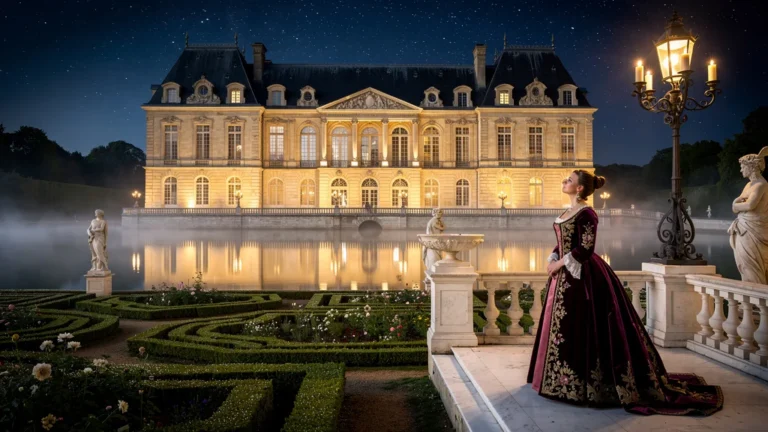 Vue nocturne hyperréaliste du château de Ménars illuminé, symbolisant le faste des demeures de la Loire
