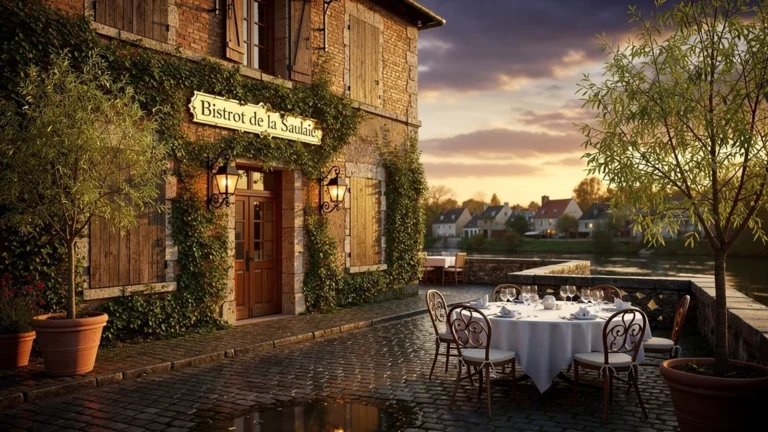 Façade authentique et chaleureuse du bistrot de la Saulaie avec terrasse et ambiance dorée au coucher du soleil