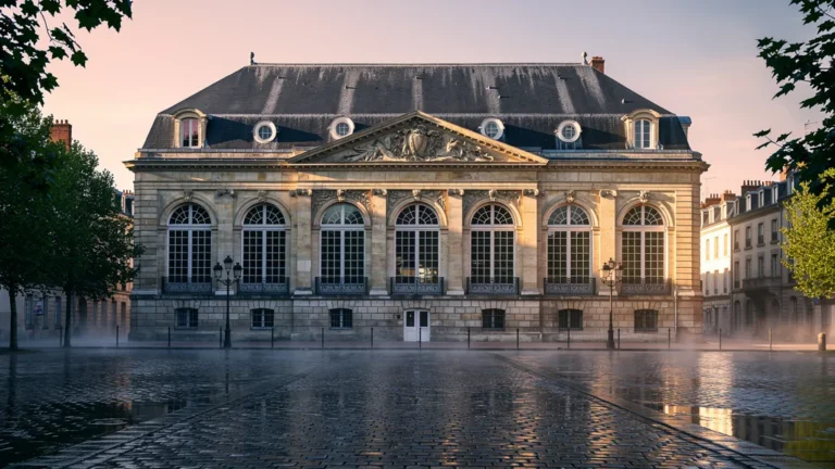 Façade historique de la Halle aux Grains à Blois au lever du soleil, architecture classique et ambiance paisible