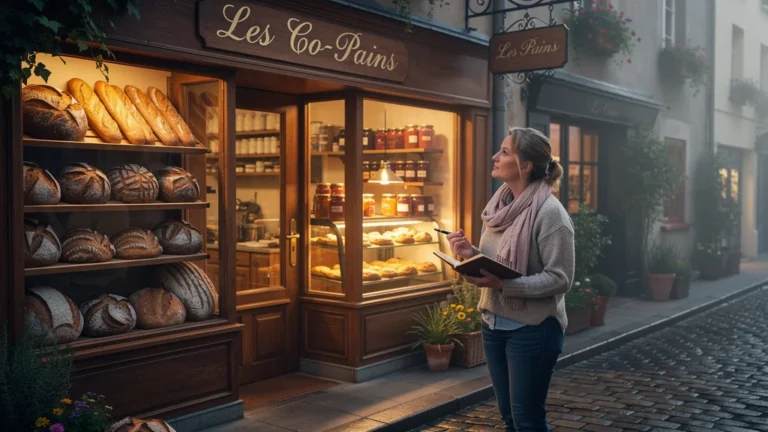 Façade lumineuse de la boulangerie Les Co-Pains avec pains frais et narratrice contemplative