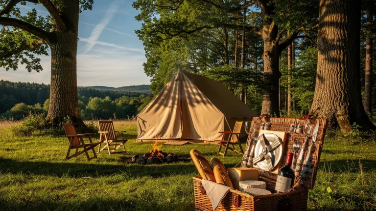 Camping Sologne Salbris : site naturel paisible avec tente, feu de camp et ambiance estivale chaleureuse
