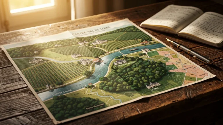 Carte détaillée du Centre-Val de Loire avec reliefs, rivières et châteaux, lumière naturelle et texture papier visible