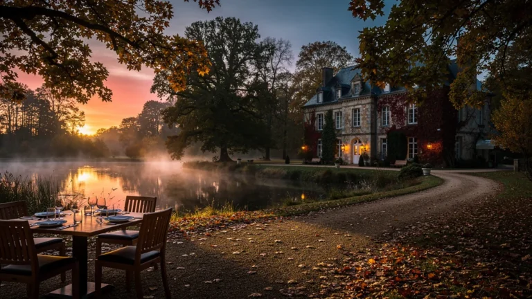 Soirée manquée en Sologne devant un domaine élégant avec terrasse vide et lumière d'automne dorée