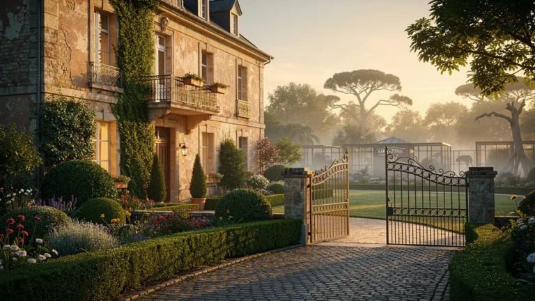 Hôtel proche zoo de Beauval au lever du jour avec façade en pierre et jardin fleuri en 8K ultra-réaliste