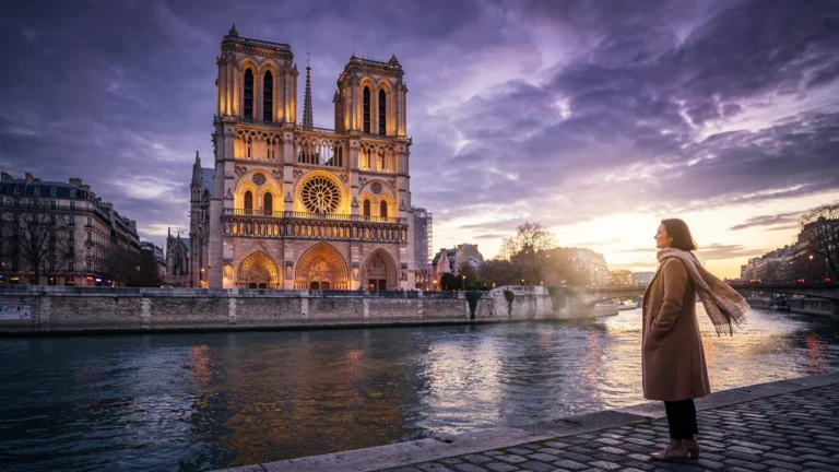 Vue hyper-réaliste de Notre Dame au crépuscule avec femme contemplative au bord de la Seine Kozy Notre Dame