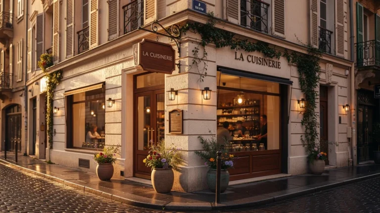 Façade élégante et chaleureuse de La Cuisinerie Lyon sous une lumière dorée en fin d’après-midi