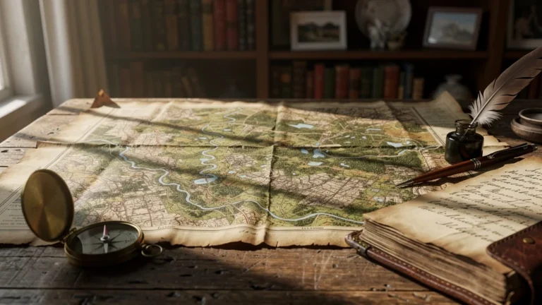 Carte ancienne détaillée de la Sologne sur table en bois avec outils de cartographie vintage