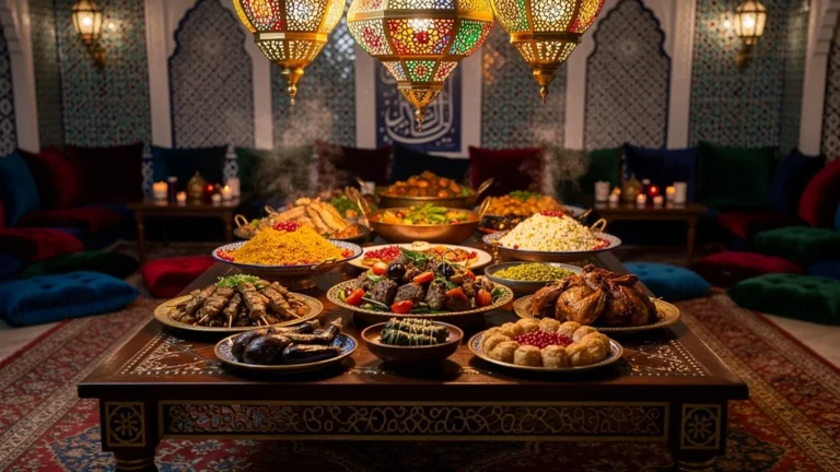 Buffet d'Orient somptueux et coloré avec plats traditionnels, éclairage chaleureux, ambiance authentique et textures détaillées