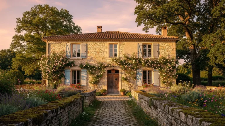 Maison Marnay traditionnelle en pierre dans un jardin provençal au coucher de soleil, ambiance paisible et authentique