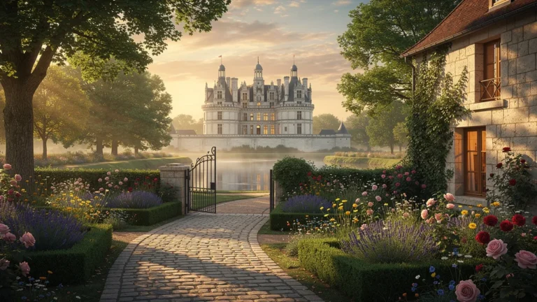 Paysage de charme entre Blois et Chambord avec jardin fleuri et château au coucher de soleil