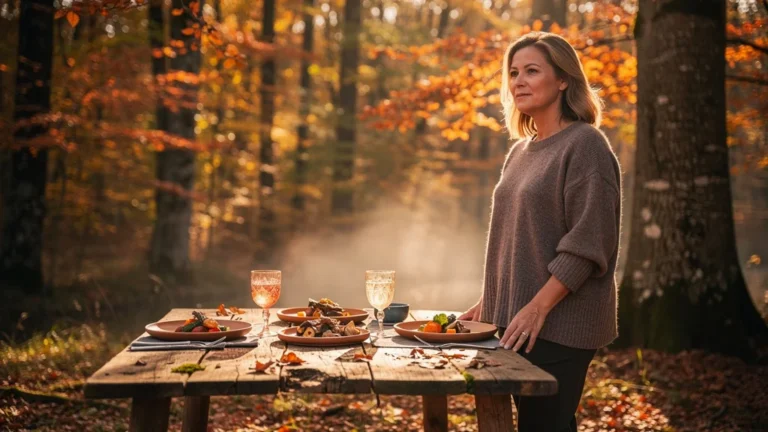Dîner d'automne en Sologne avec table rustique et ambiance chaleureuse aux couleurs chaudes
