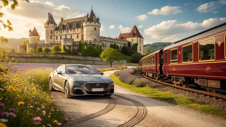 Paysage hyper-réaliste d’une voiture et d’un train près de châteaux, comparant les modes de visite en une journée